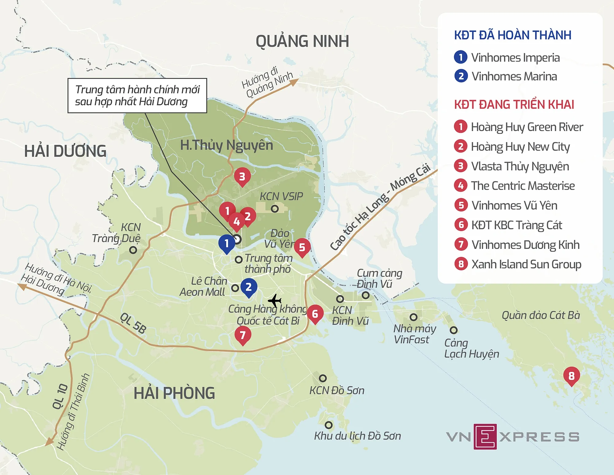 Các dự án lớn đã hình thành và đang triển khai tại TP Hải Phòng. Đồ họa: Anh Tú